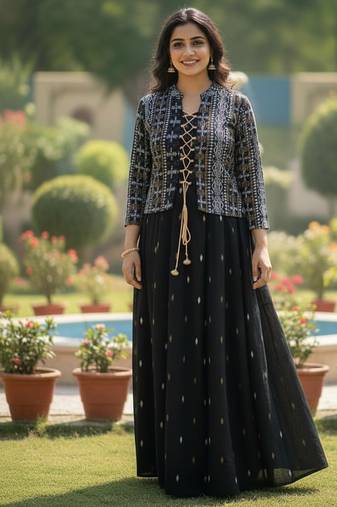 Ftdiva women's cotton printed jacketed anarkali kurti in black