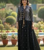 Ftdiva women's cotton printed jacketed anarkali kurti in black