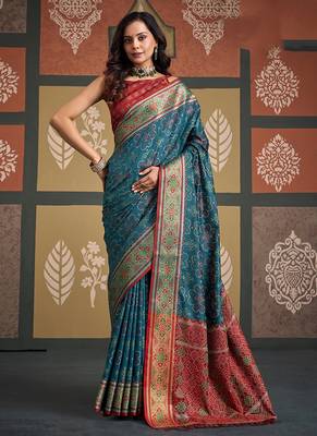 Teal patola silk blend party wear saree 1