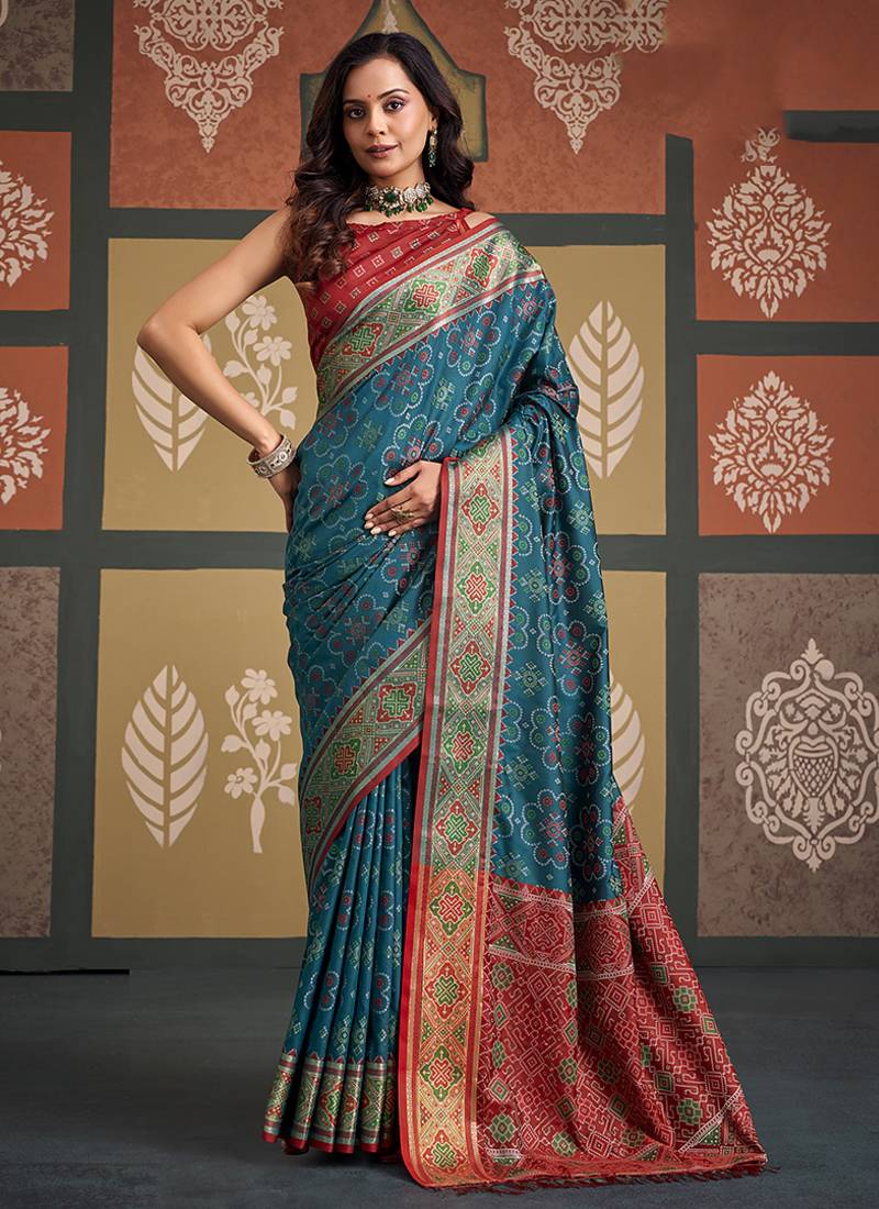Teal patola silk party wear saree