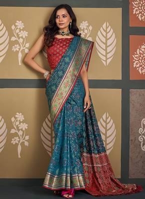 Teal patola silk blend party wear saree 2