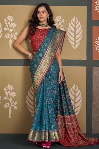 Teal patola silk blend party wear saree