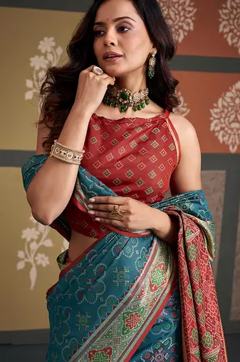 Teal patola silk blend party wear saree