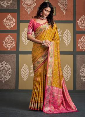 Yellow patola silk blend party wear saree 1