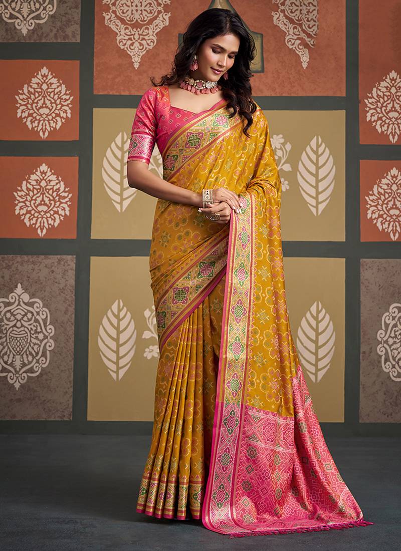 Yellow patola silk party wear saree