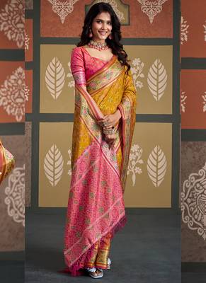 Yellow patola silk blend party wear saree 2