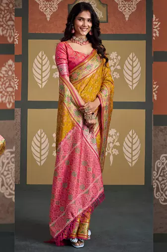 Yellow patola silk blend party wear saree