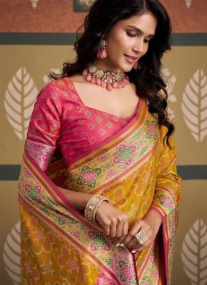 Yellow patola silk blend party wear saree 3