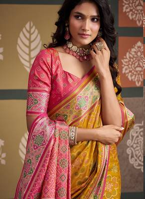 Yellow patola silk blend party wear saree 4