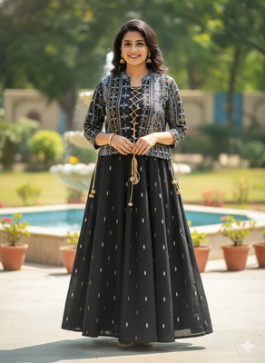 Ftdiva women's cotton printed jacketed anarkali kurti in black 4
