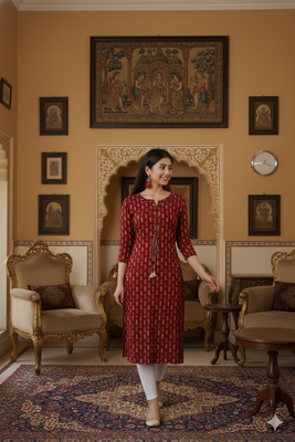 Ftdiva women stylish paisley printed straight kurta in maroon 4