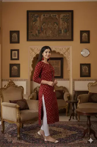 Ftdiva women stylish paisley printed straight kurta in maroon