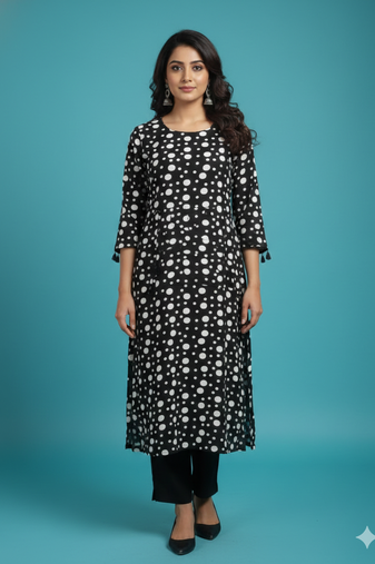 Ftdiva women's polka dots printed straight kurti in black