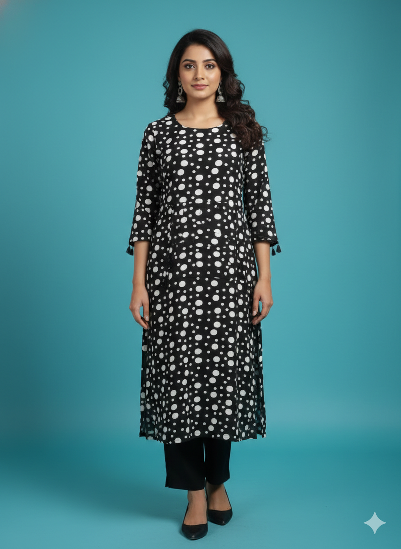 Ftdiva women's polka dots printed straight kurti in black