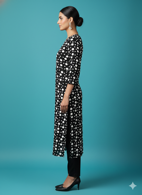 Ftdiva women's polka dots printed straight kurti in black 3