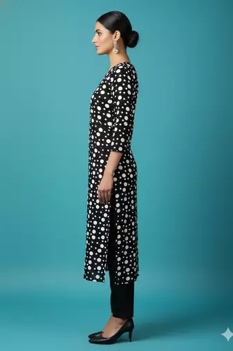 Ftdiva women's polka dots printed straight kurti in black