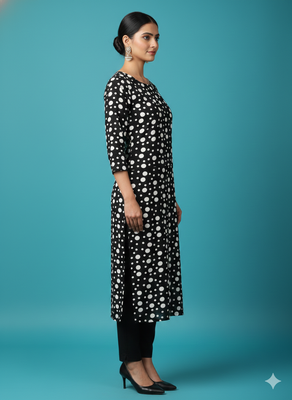 Ftdiva women's polka dots printed straight kurti in black 4