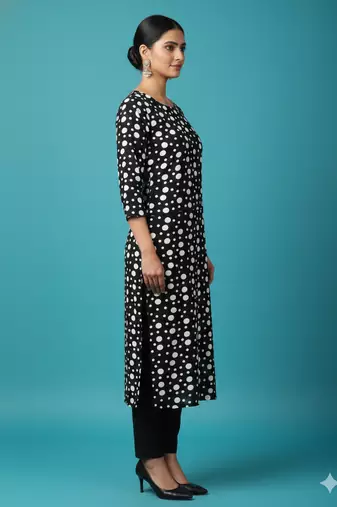 Ftdiva women's polka dots printed straight kurti in black