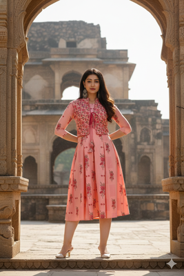 Ftdiva women's exclusive designer floral printed kurta in pink 1
