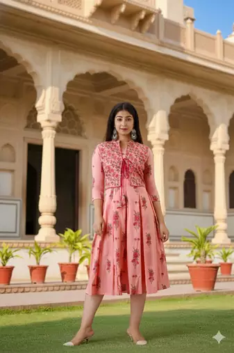 Ftdiva women's exclusive designer floral printed kurta in pink