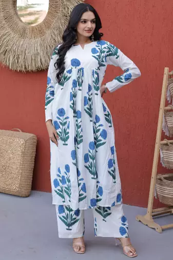 Beautiful Sky Blue Floral Printed Cotton Daily Wear Kurti With Pant