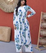 Beautiful Sky Blue Floral Printed Cotton Daily Wear Kurti With Pant