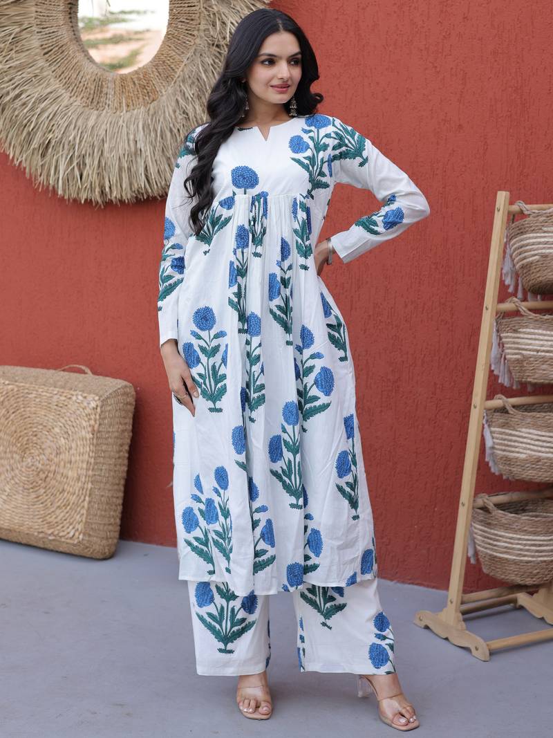 Beautiful Sky Blue Floral Printed Cotton Daily Wear Kurti With Pant