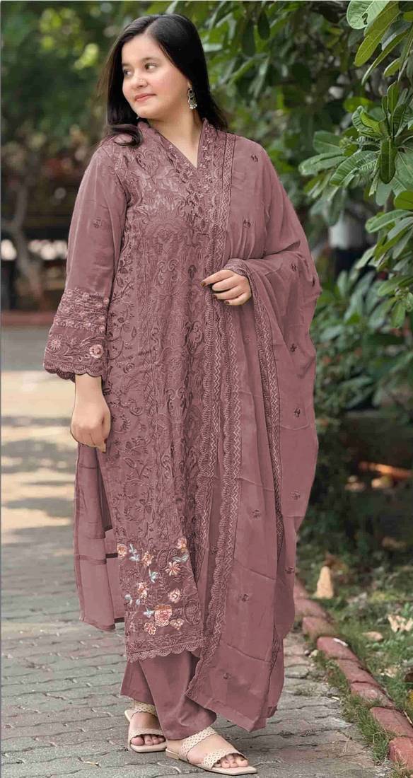 Purple fox georgette semi stitched suit with embroidery & sequence work