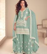 Turquoise chinon free size stitched suit with embroidery & sequence work