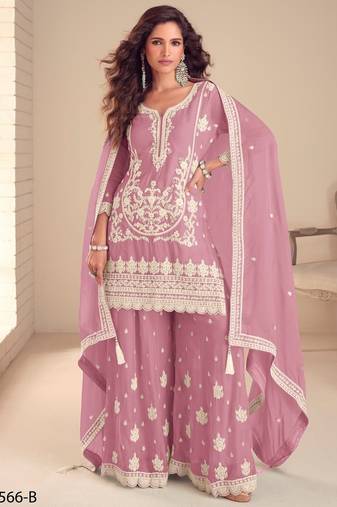 Purple chinon free size stitched suit with embroidery & sequence work