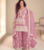 Purple chinon free size stitched suit with embroidery & sequence work