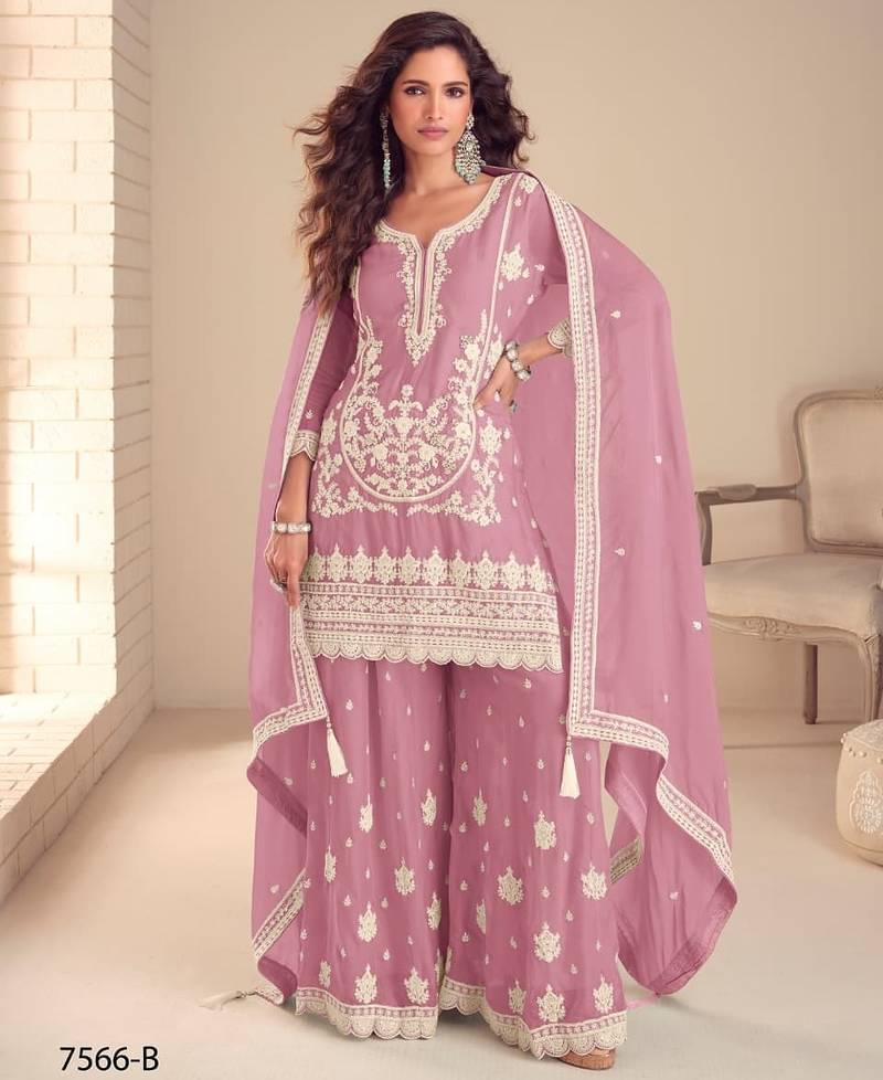 Purple chinon free size stitched suit with embroidery & sequence work