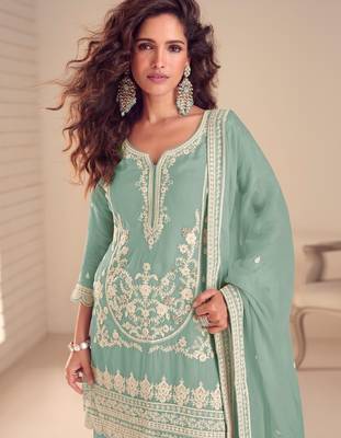 Turquoise chinon free size stitched suit with embroidered sequin  2