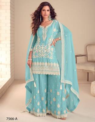 Sky chinon free size stitched suit with embroidered sequin  1