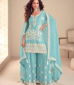Sky chinon free size stitched suit with embroidery & sequence work
