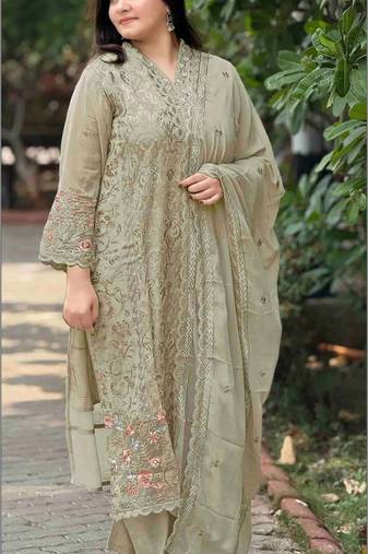 Green fox georgette semi stitched suit with embroidery & sequence work