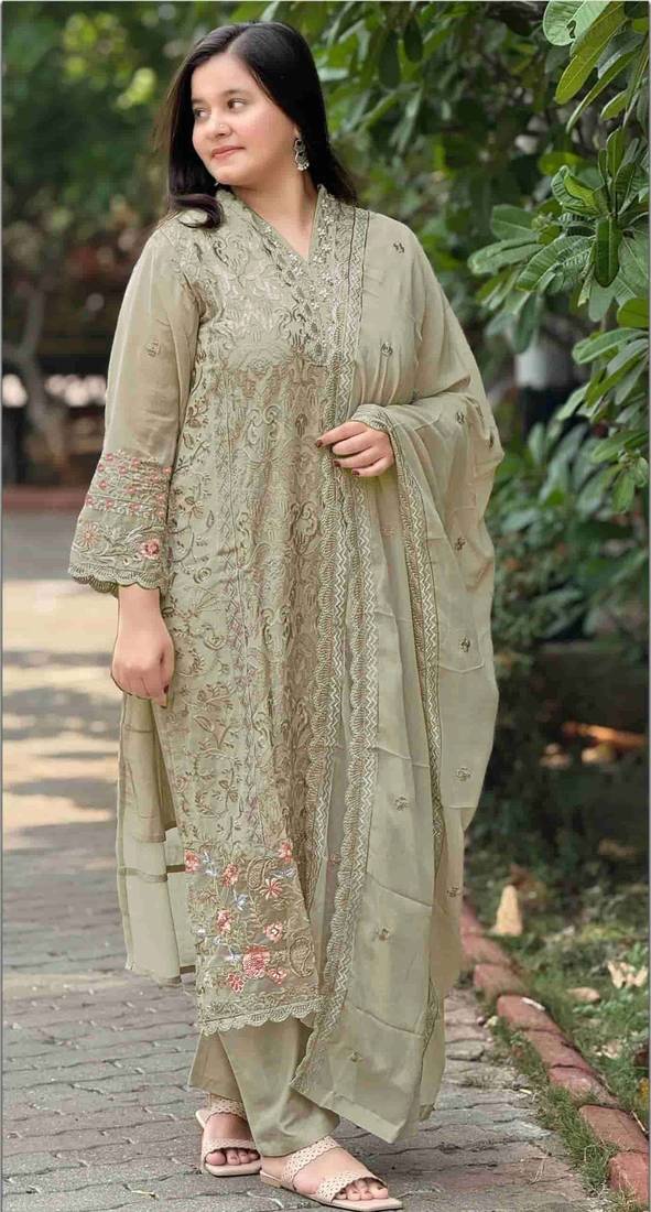 Green fox georgette semi stitched suit with embroidery & sequence work