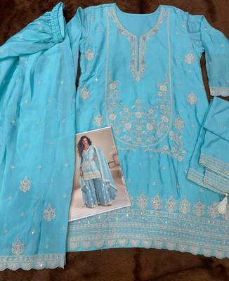 Sky chinon free size stitched suit with embroidered sequin  3