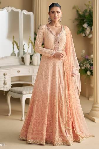Peach georgette free size stitched anarkali suit with embroidery & sequence work
