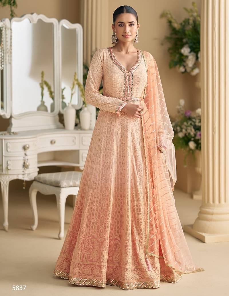 Peach georgette free size stitched anarkali suit with embroidery & sequence work