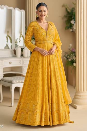 Yellow georgette free size stitched anarkali suit with embroidery & sequence work