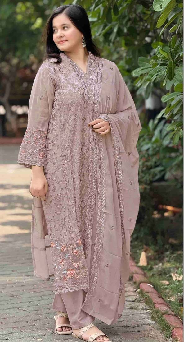 Lavender fox georgette semi stitched suit with embroidery & sequence work