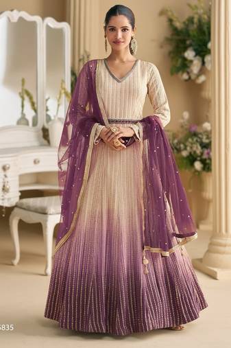 Cream georgette free size stitched anarkali suit with embroidery & sequence work