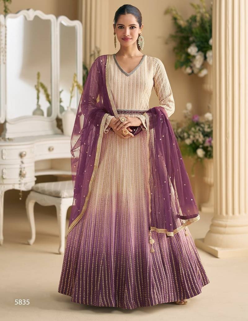 Cream georgette free size stitched anarkali suit with embroidery & sequence work
