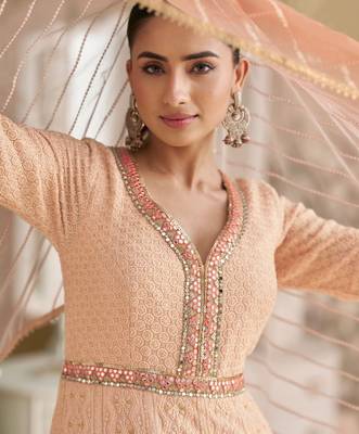Peach georgette free size stitched anarkali suit with embroidered sequin  2