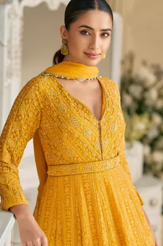 Yellow georgette free size stitched anarkali suit with embroidered sequin 