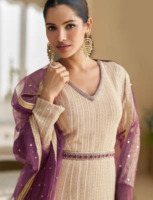 Cream georgette free size stitched anarkali suit with embroidered sequin  2