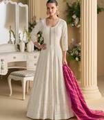 White georgette free size stitched anarkali suit with embroidery & sequence work