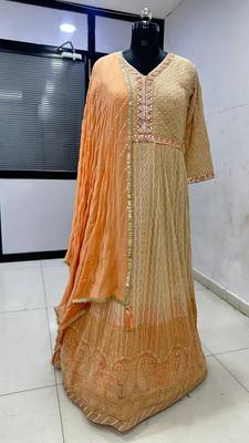 Peach georgette free size stitched anarkali suit with embroidered sequin  3