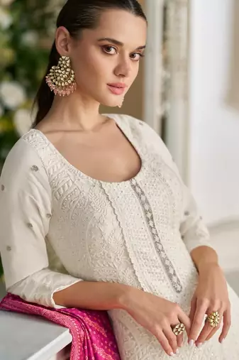 White georgette free size stitched anarkali suit with embroidered sequin 